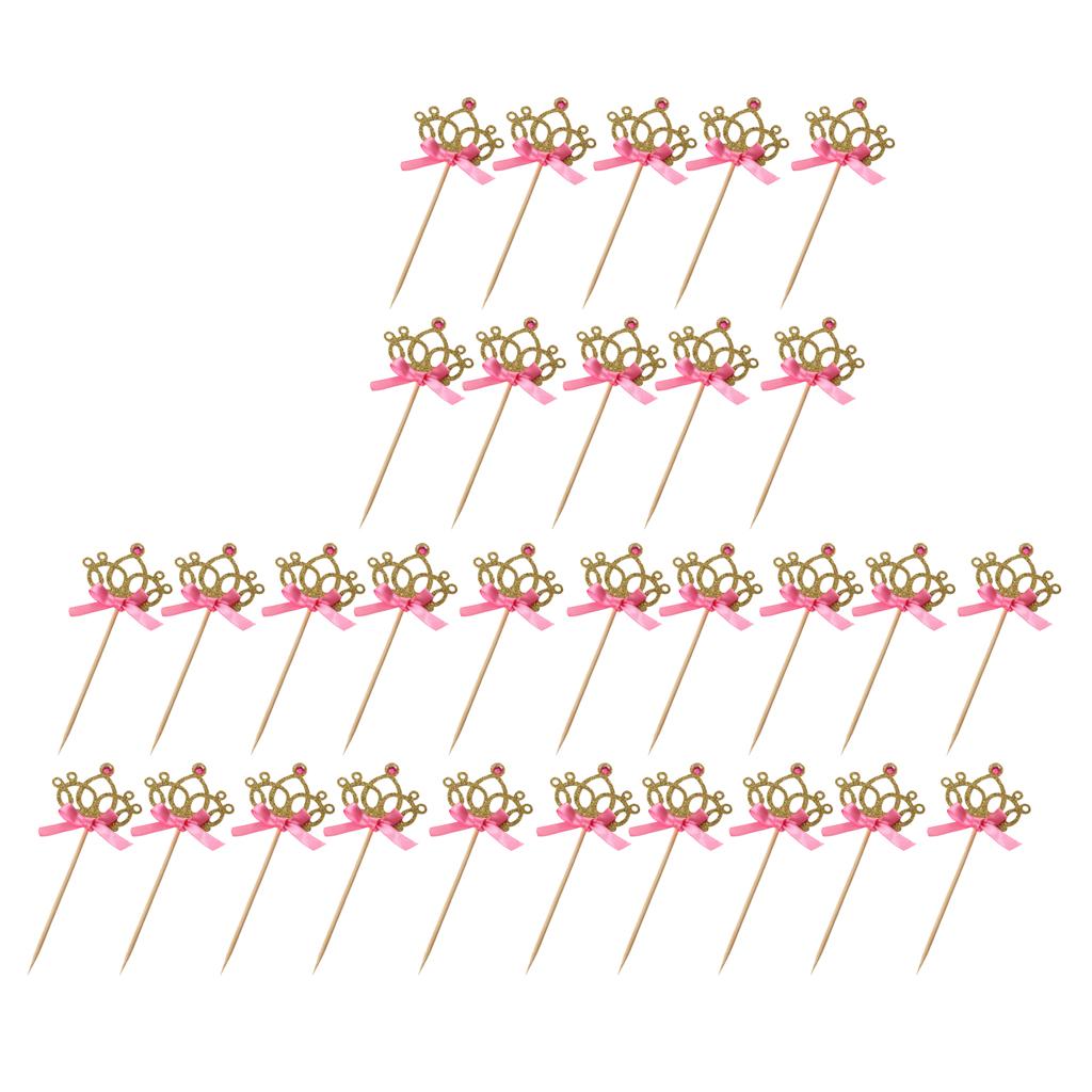 30 Pieces Pretty Crown Cake Topper Food Picks with Ribbon Pink and Gold