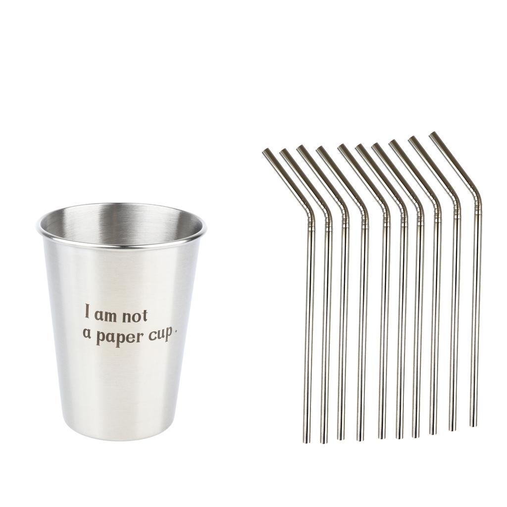 10 Pieces Reusable Stainless Steel Curved Drinking Straws and 10 Pieces Cups