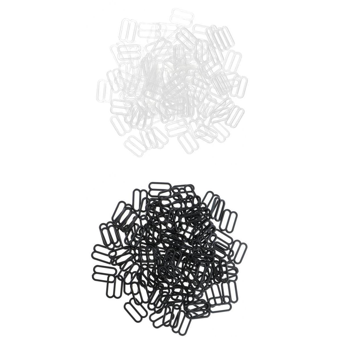 200Pcs Plastic Bra Lingerie Strap Clips Hook Slider Buckle 15mm Clear Black