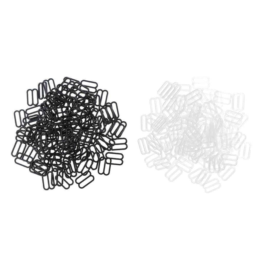 200Pcs Plastic Bra Lingerie Strap Clips Hook Slider Buckle 15mm Clear Black