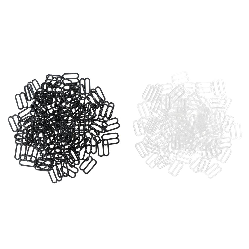 200Pcs Plastic Bra Lingerie Strap Clips Hook Slider Buckle 15mm Clear Black