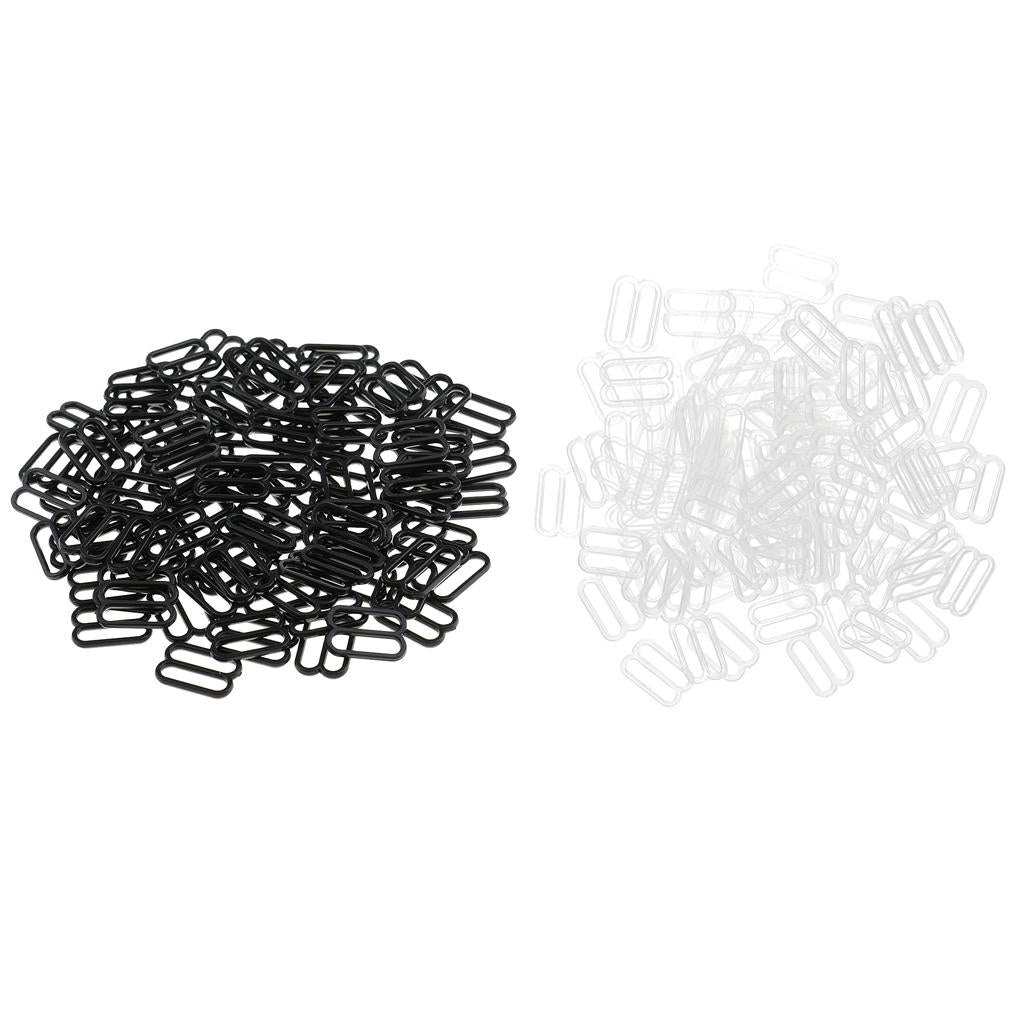 200Pcs Plastic Bra Lingerie Strap Clips Hook Slider Buckle 15mm Clear Black