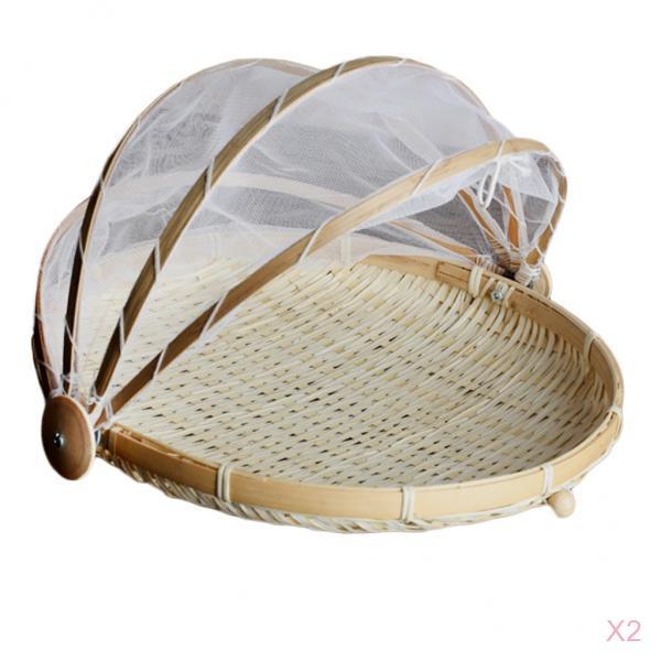 2 Pcs Bamboo Tent Basket Serving Food Outdoor Picnic Pop Up Round_S