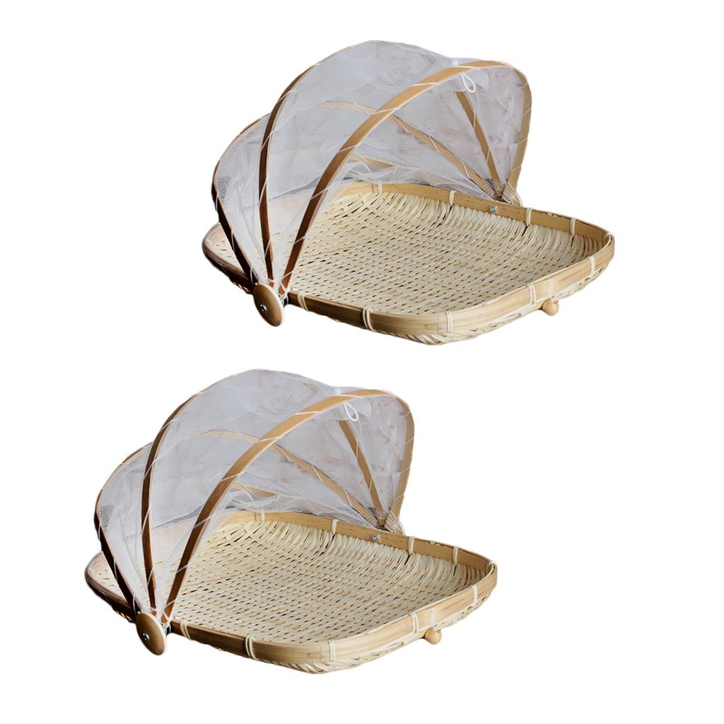 Bamboo Tent Basket Serving Food Outdoor Picnic Pop Up Mesh Net Cover L + S