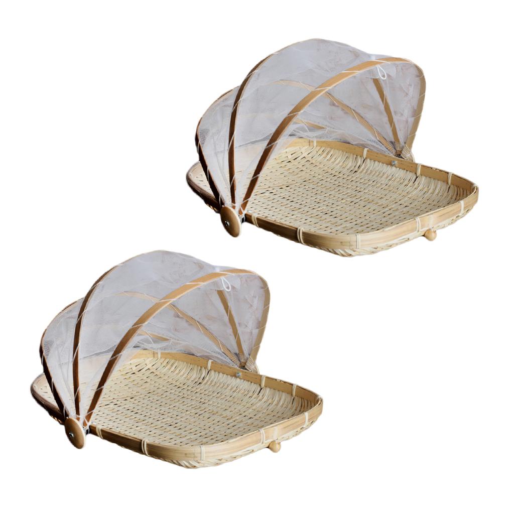 Bamboo Tent Basket Serving Food Outdoor Picnic Pop Up Mesh Net Cover L + S