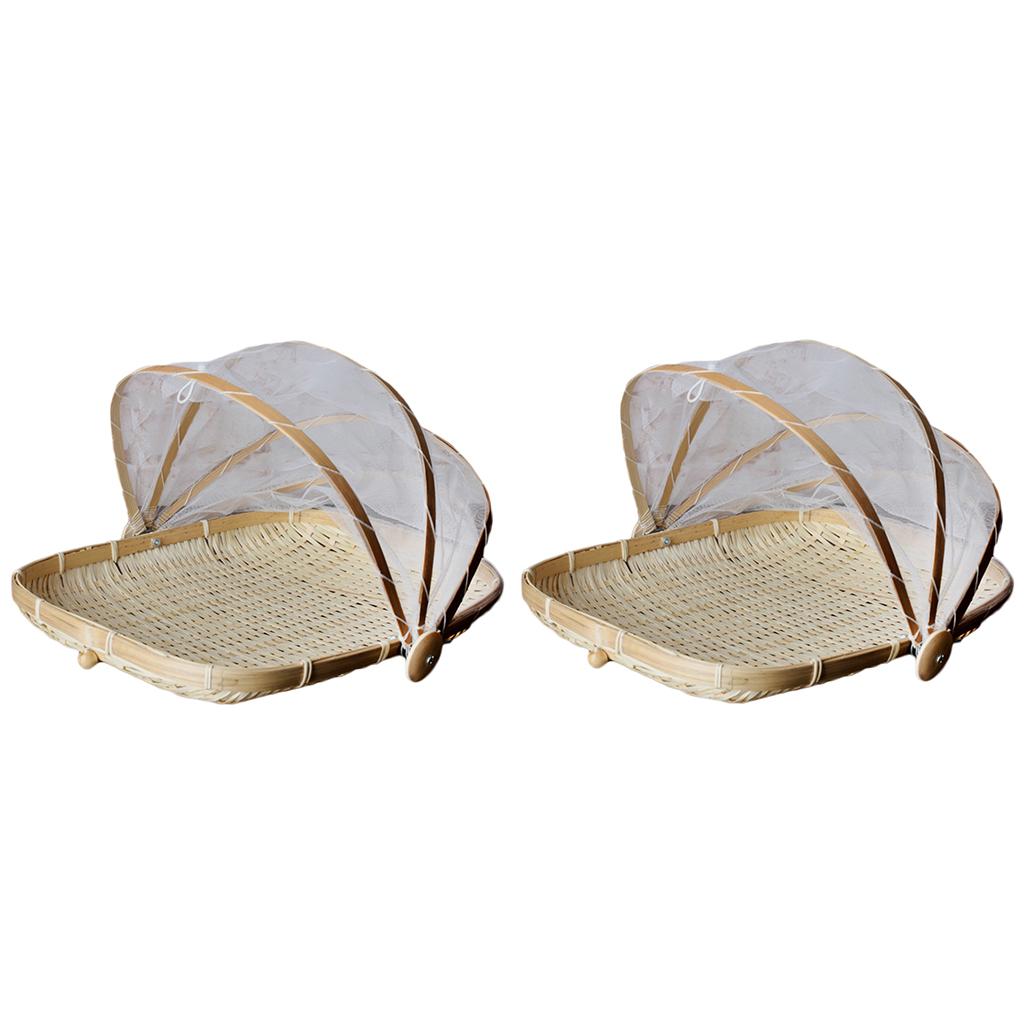 Bamboo Tent Basket Serving Food Outdoor Picnic Pop Up Mesh Net Cover L + S