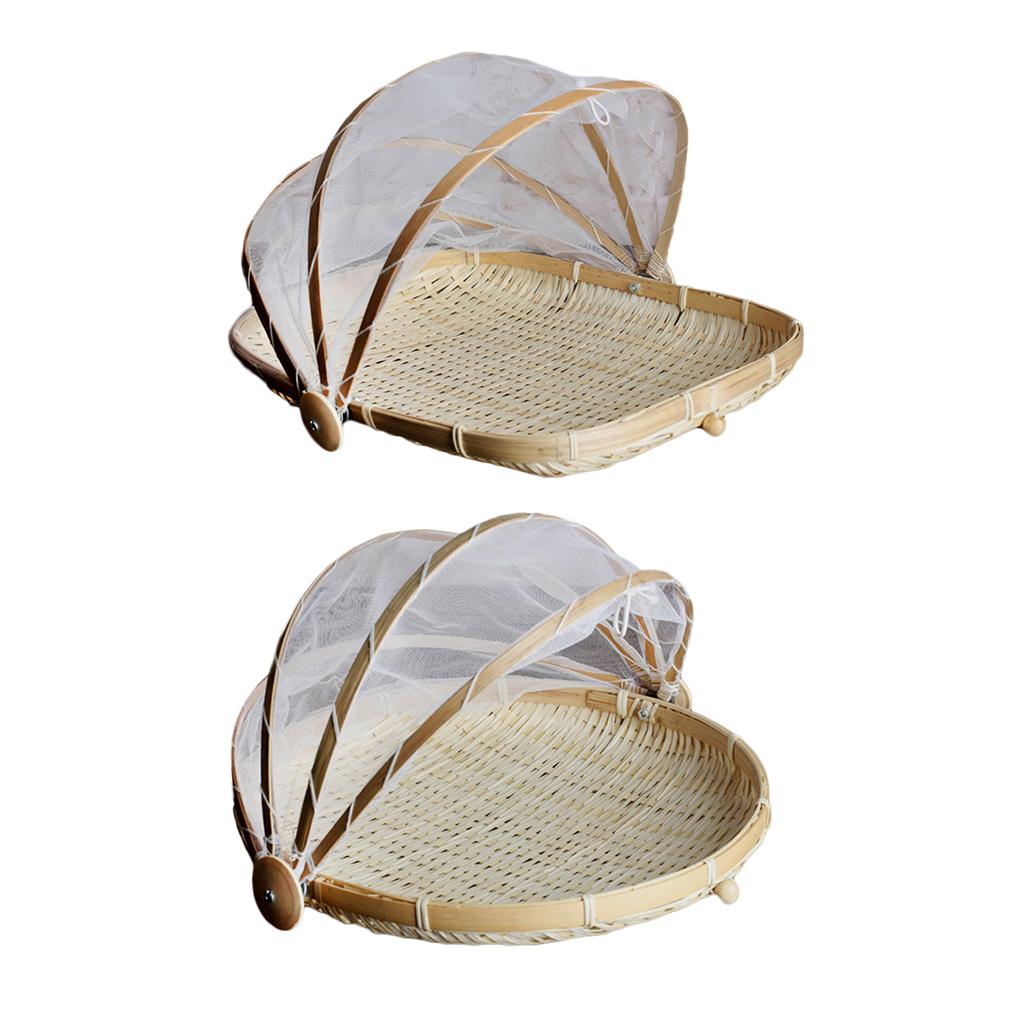 2pcs Bamboo Tent Basket Serving Food Outdoor Picnic Pop Up Mesh Net Cover S