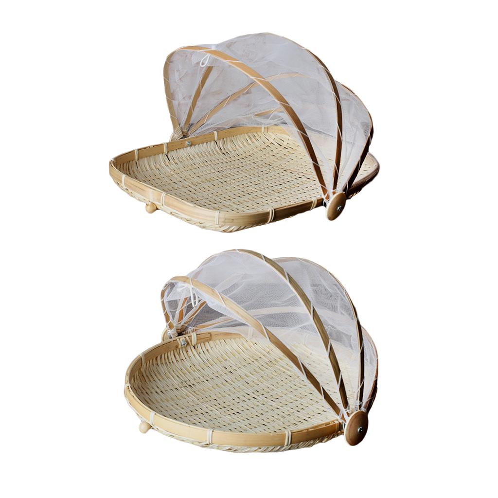 2pcs Bamboo Tent Basket Serving Food Outdoor Picnic Pop Up Mesh Net Cover S