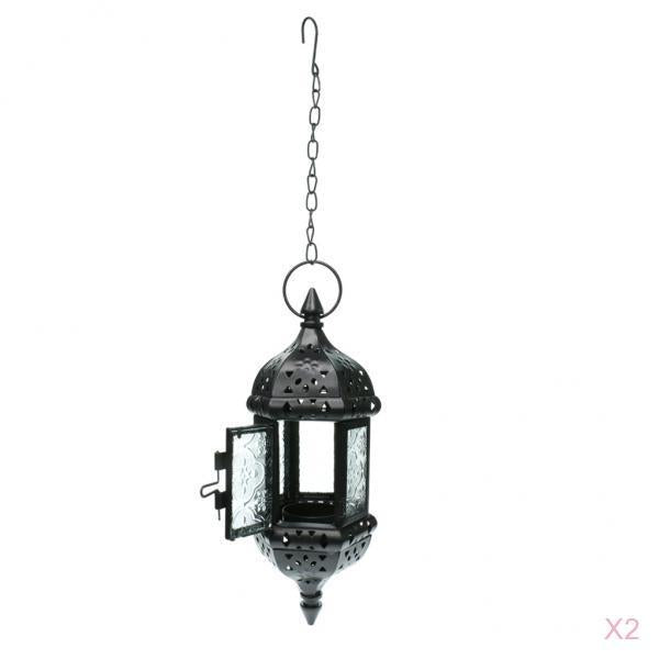 2x Iron Chain Hanging Glass Candlestick Candle Holder Lantern Lamp Black