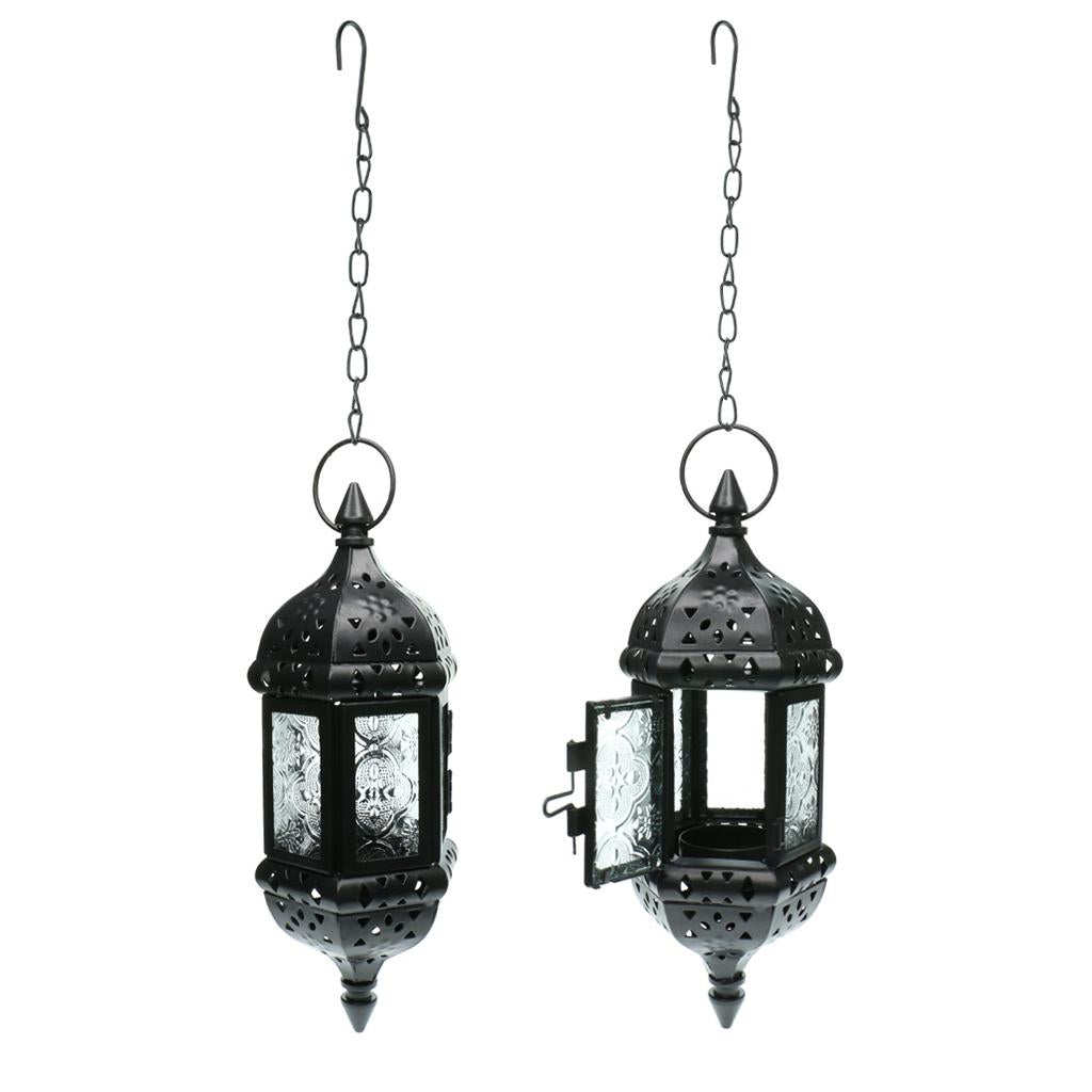 2x Iron Chain Hanging Glass Candlestick Candle Holder Lantern Lamp Black