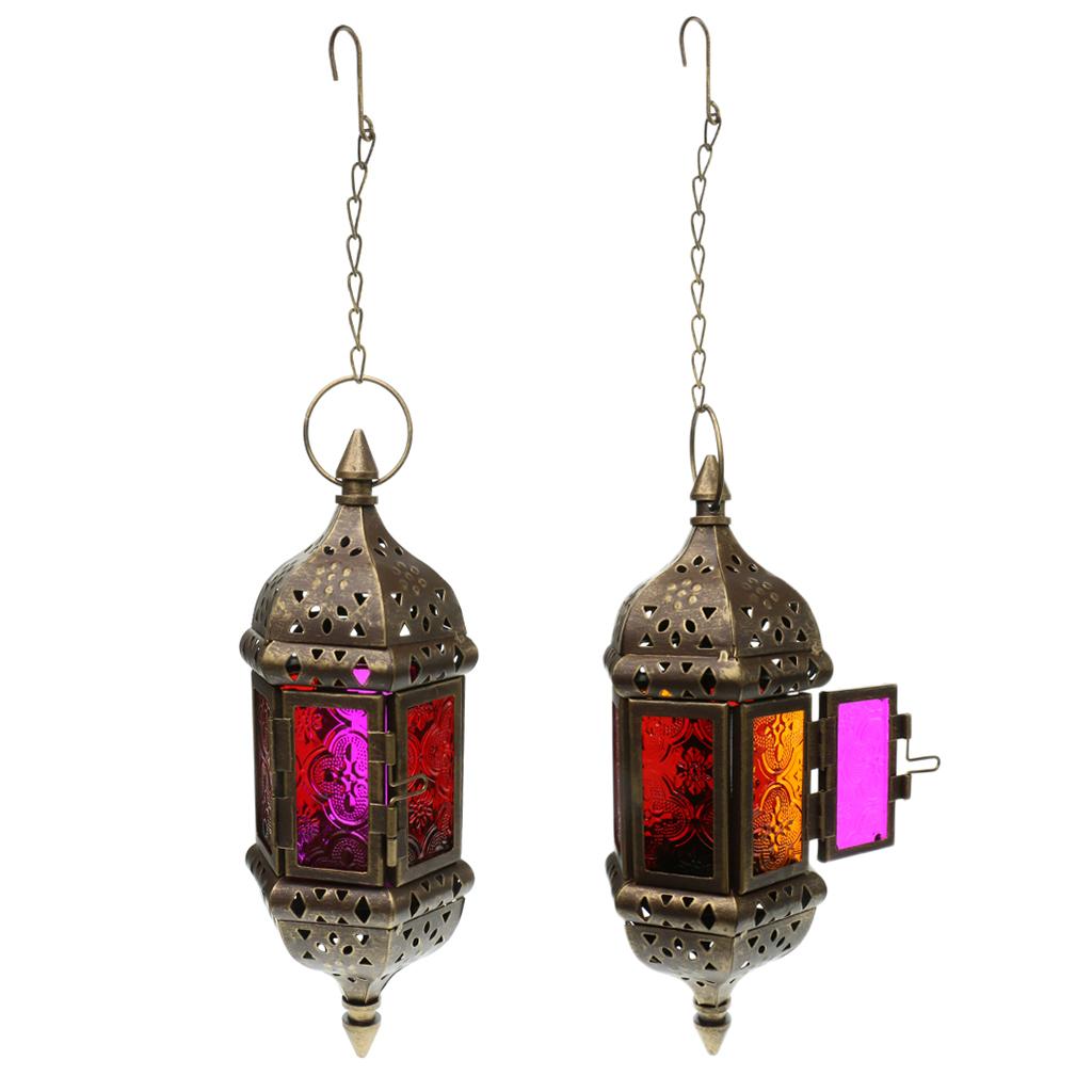 2x Iron Chain Hanging Glass Candlestick Candle Holder Lantern Lamp Brown