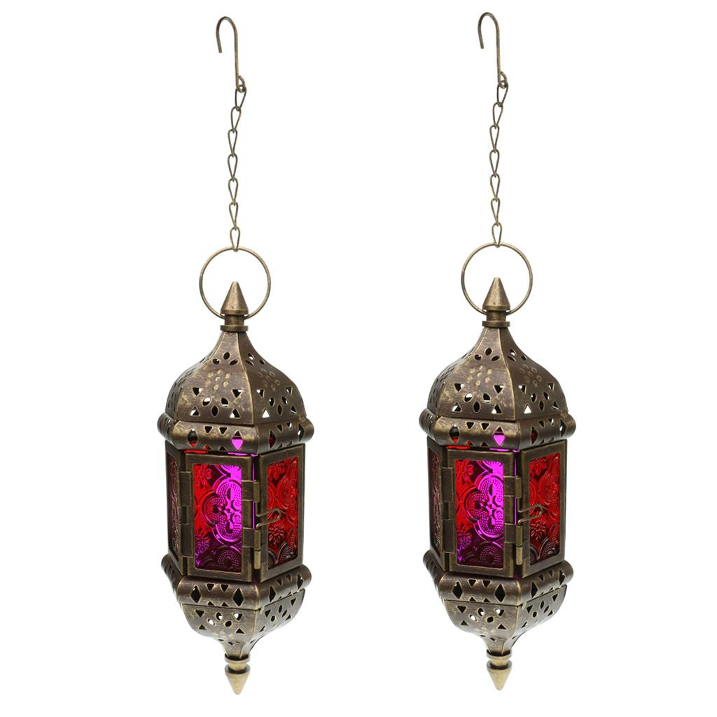 2x Iron Chain Hanging Glass Candlestick Candle Holder Lantern Lamp Brown