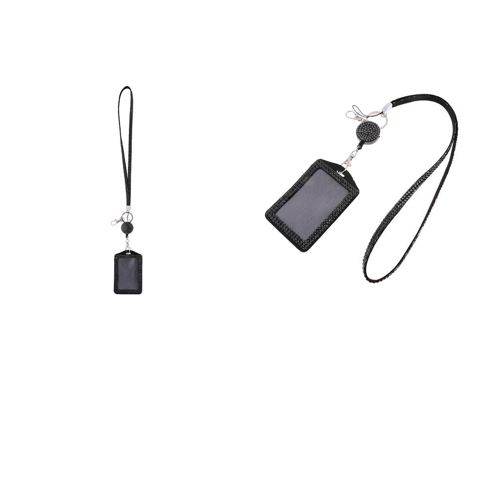 2Pcs Rhinestone Lanyard with Retractable Reel Vertical ID Badge Holder Black