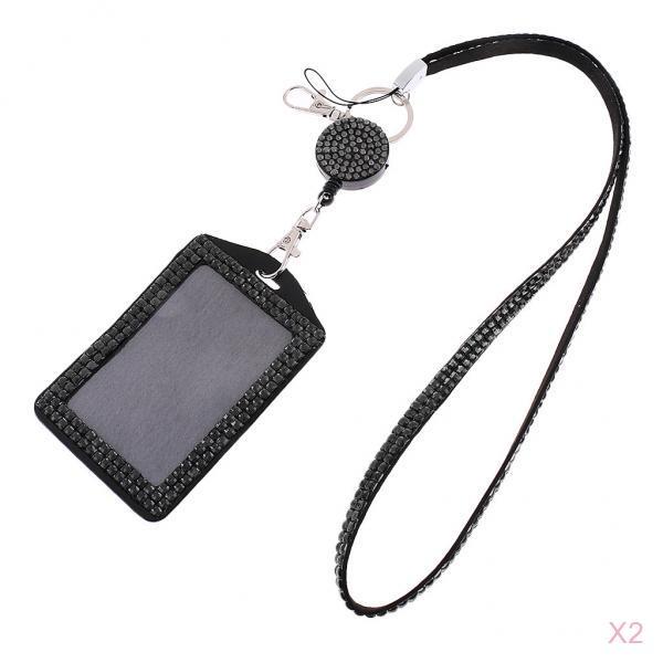 2Pcs Rhinestone Lanyard with Retractable Reel Vertical ID Badge Holder Black