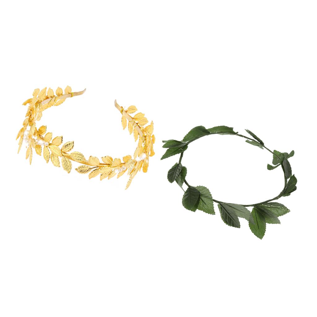 2pcs Baroque Pearl Gold Metal Leaf Headband Tiara Green Plastic Leaf Bridal