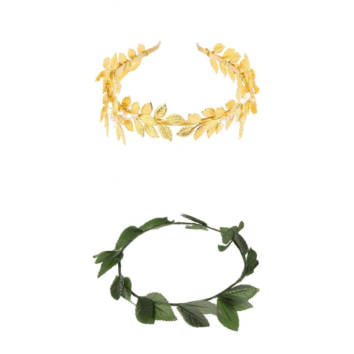 2pcs Baroque Pearl Gold Metal Leaf Headband Tiara Green Plastic Leaf Bridal