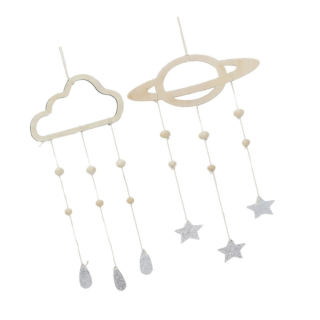 2Pcs Nordic Planet Cloud Raindrop Star Kid Room Wood Wall Hanging Home Decor