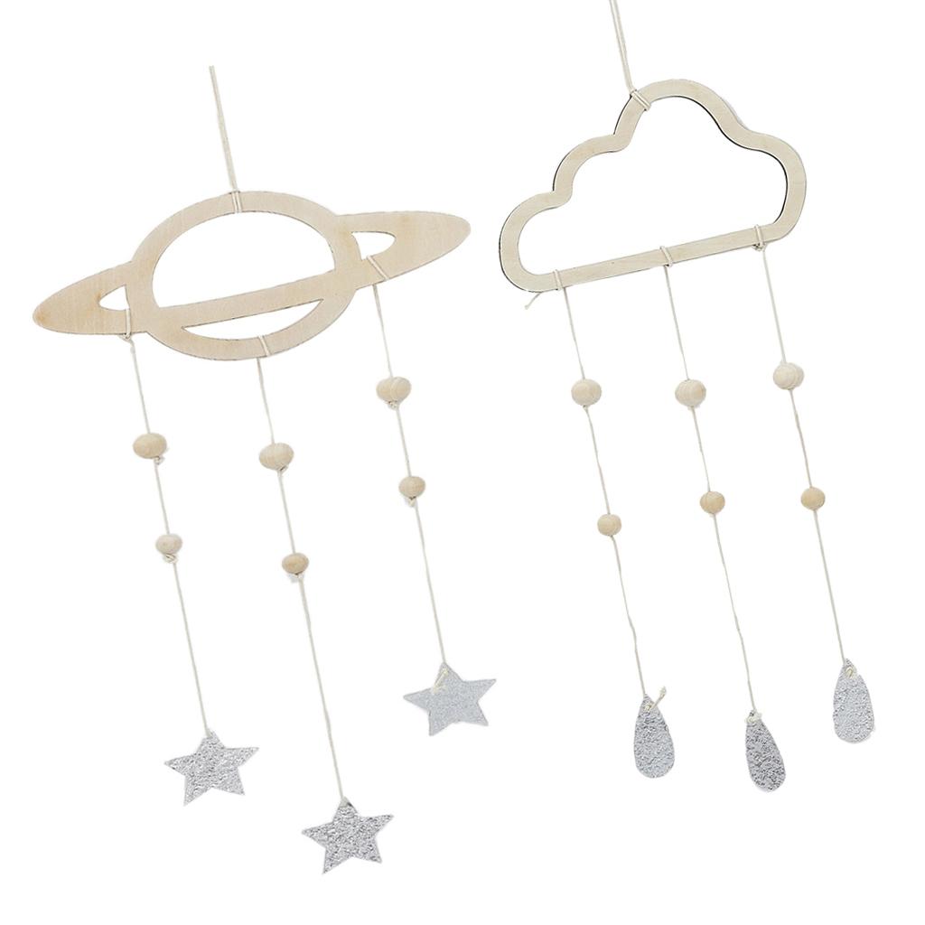 2Pcs Nordic Planet Cloud Raindrop Star Kid Room Wood Wall Hanging Home Decor