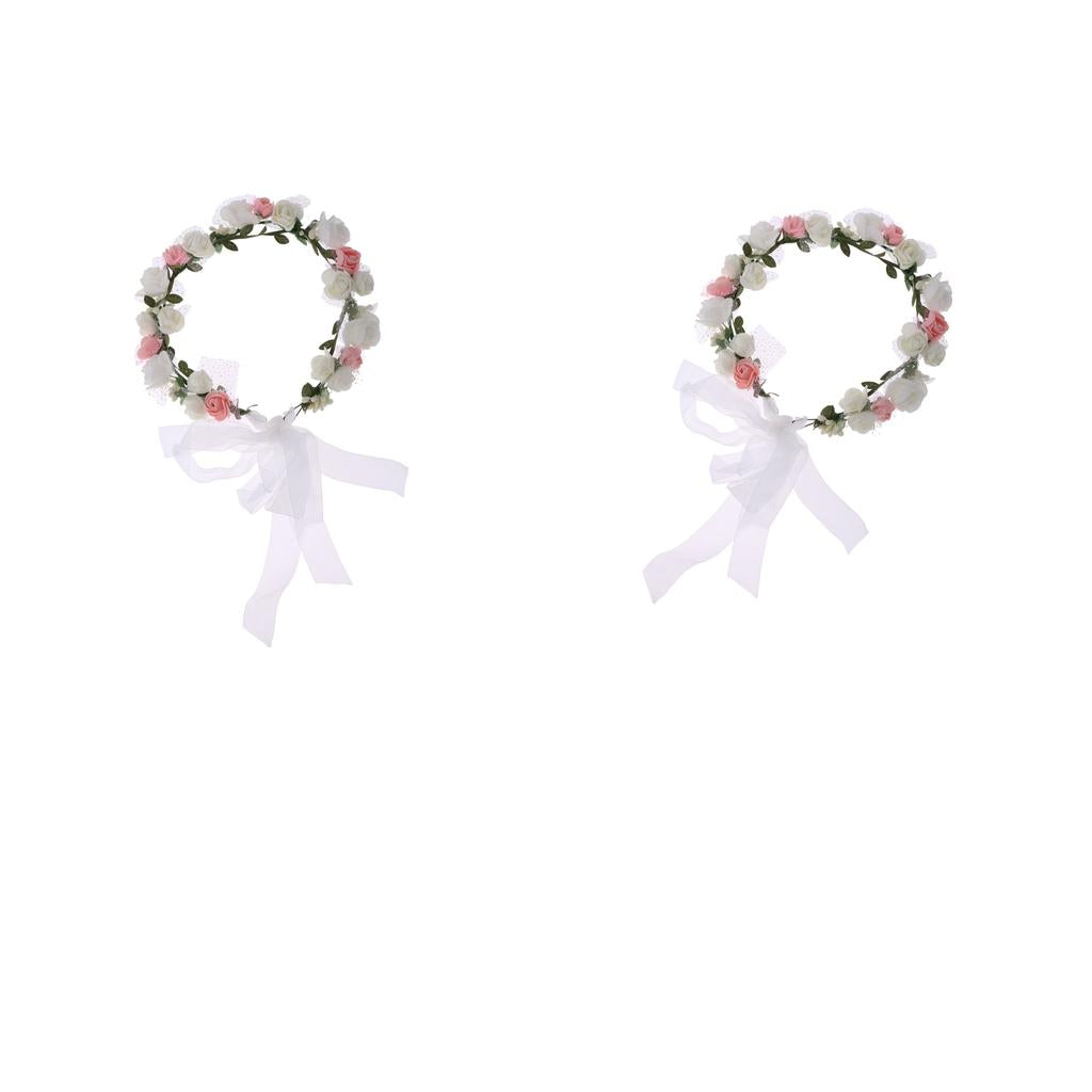 2 Pieces Women's Bridal Flower Hair Wreath Bridesmaid Garland White and Pink
