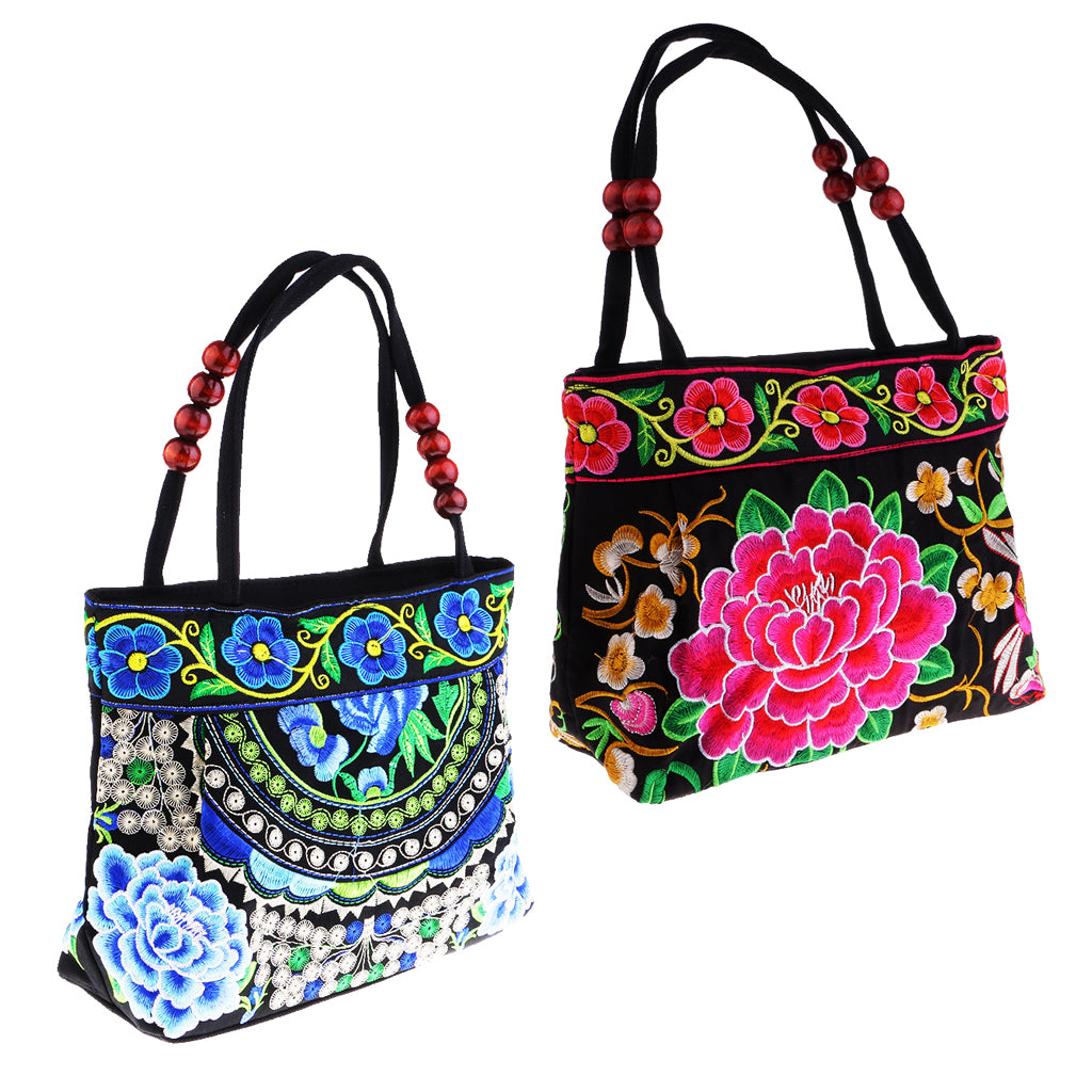 2Pcs Embroidery Travel Shoulder Bag Double Faced Flower Handmade Women Bag