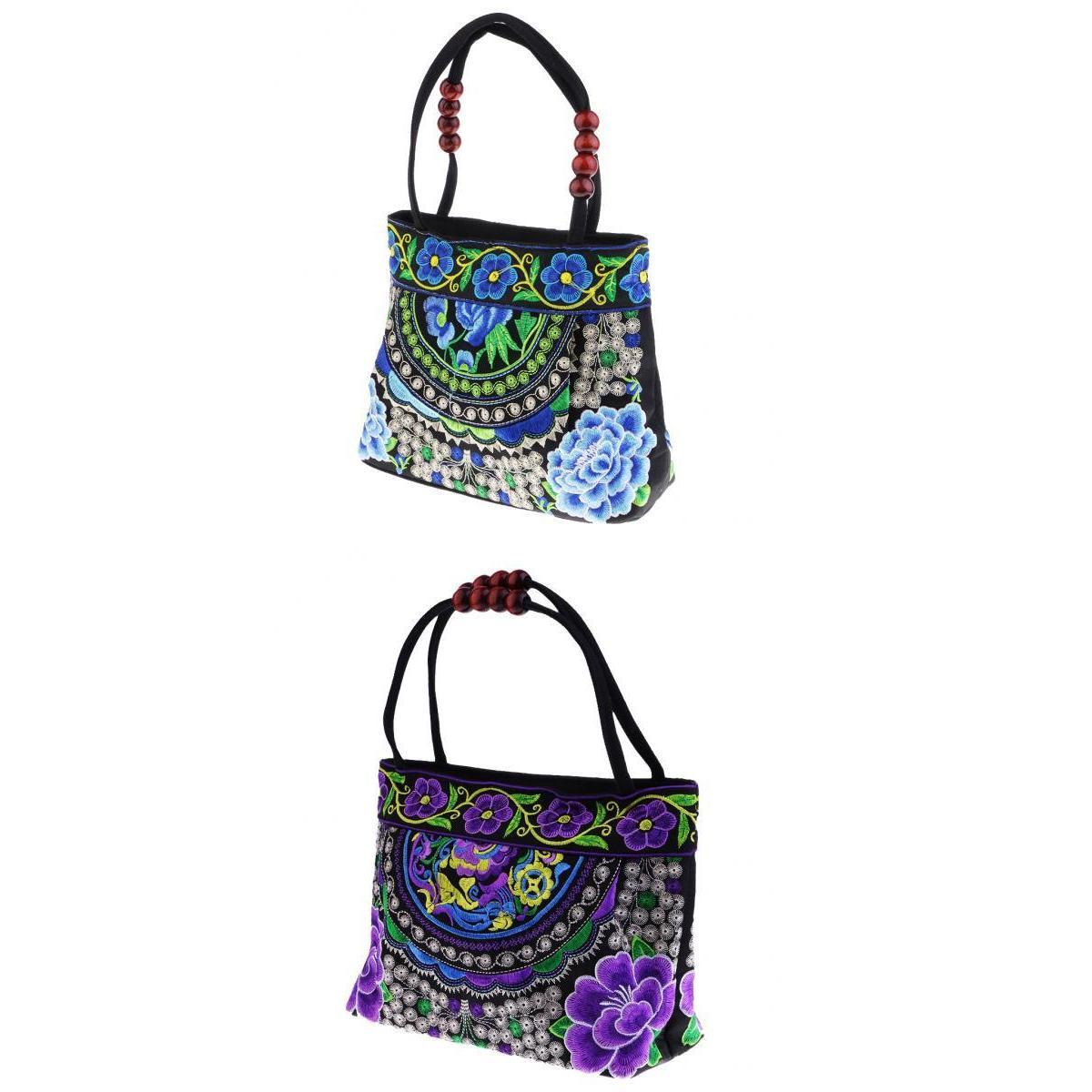 2Pcs Embroidery Travel Shoulder Bag Double Faced Flower Handmade Women Bags