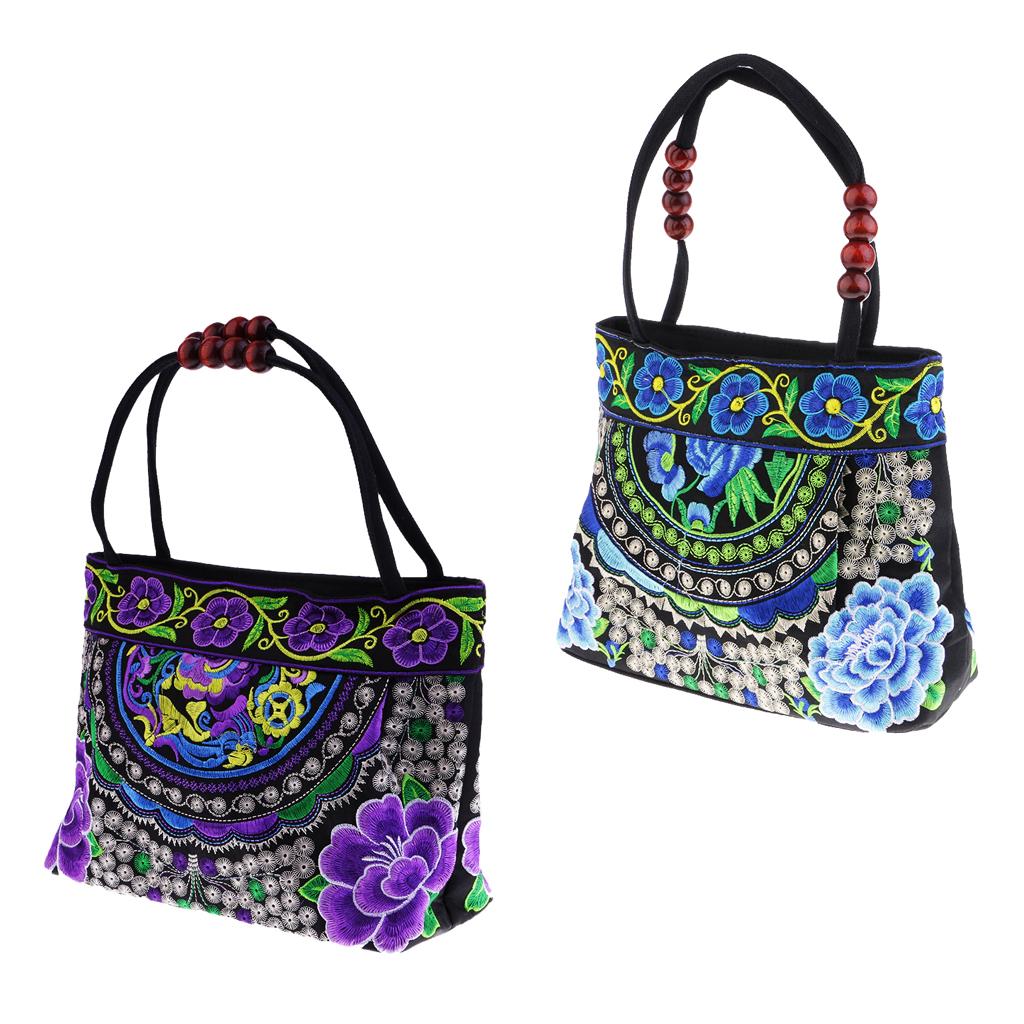 2Pcs Embroidery Travel Shoulder Bag Double Faced Flower Handmade Women Bags
