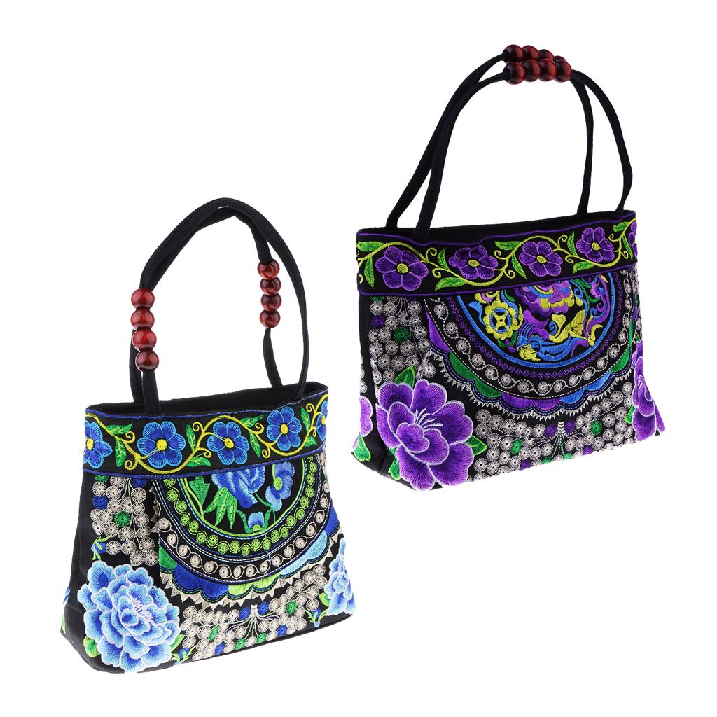 2Pcs Embroidery Travel Shoulder Bag Double Faced Flower Handmade Women Bags