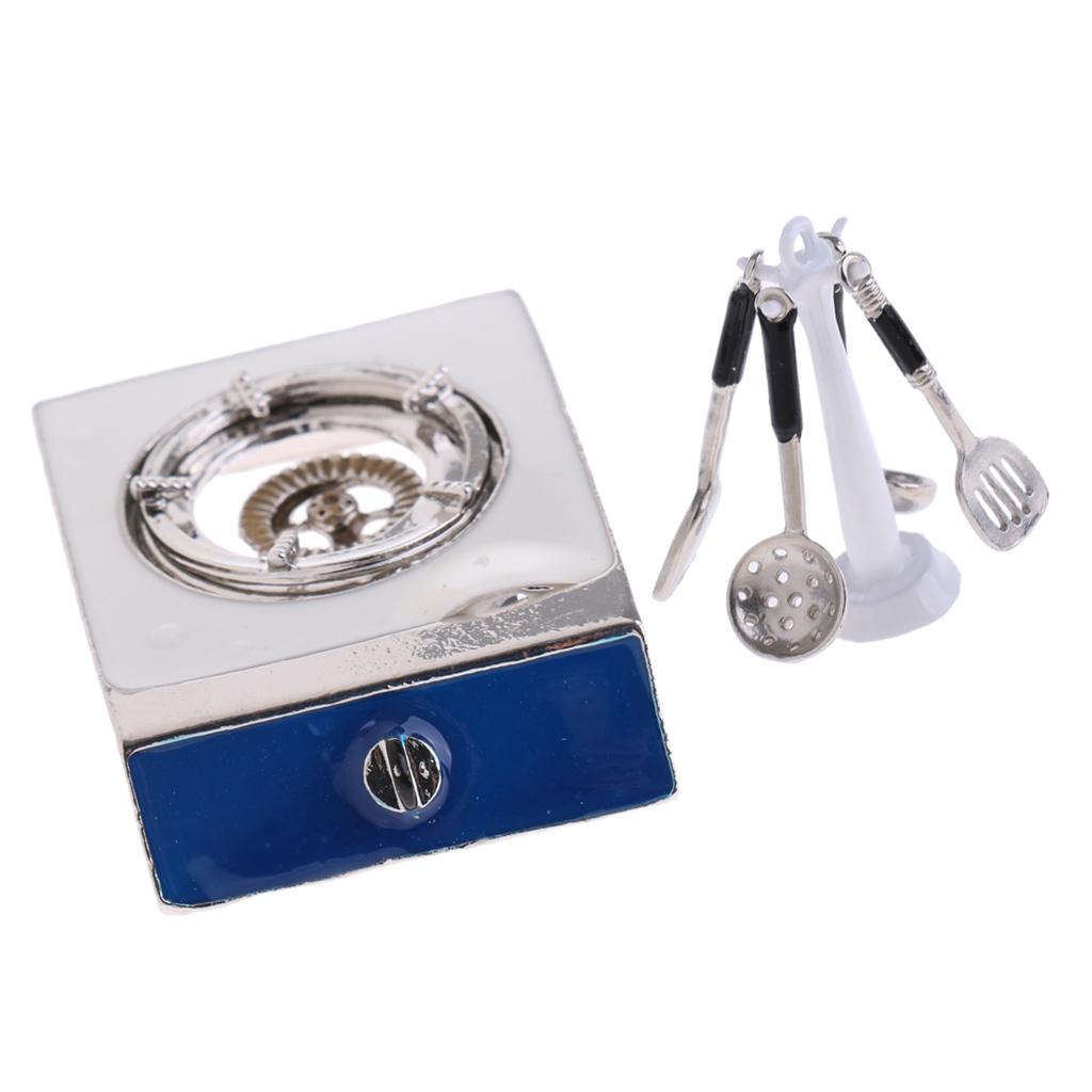 1:12 Dollhouse Miniature Kitchen Gas Burner & Cooker Utensils Tool Set