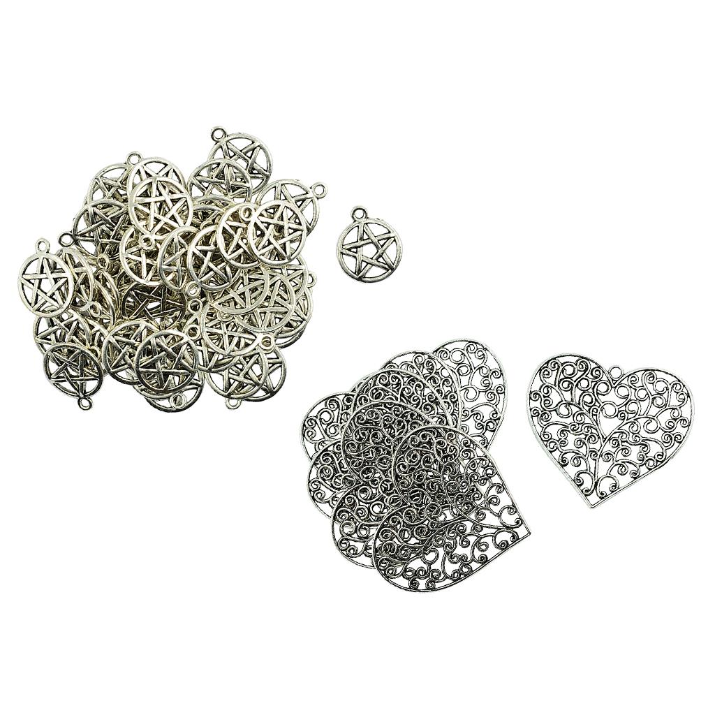 6x Tibetan Silver Filigree Heart Pendants +50x Pentacle Charms Xmas Gift