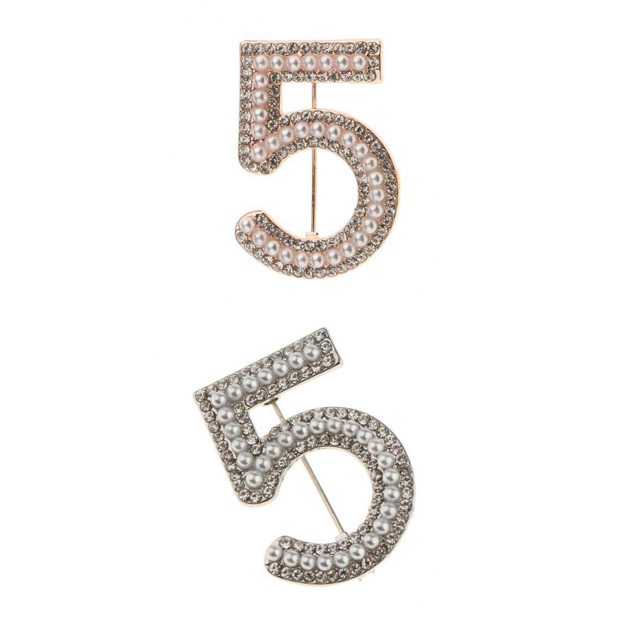 2 Pieces Crystal Rhinestone Imitation Pearls Number 5 Brooch Pin Jewelry