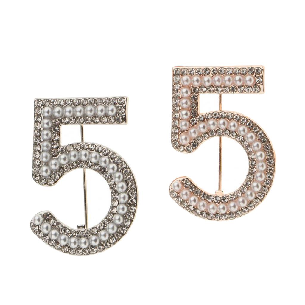 2 Pieces Crystal Rhinestone Imitation Pearls Number 5 Brooch Pin Jewelry