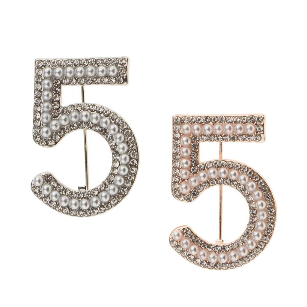 2 Pieces Crystal Rhinestone Imitation Pearls Number 5 Brooch Pin Jewelry