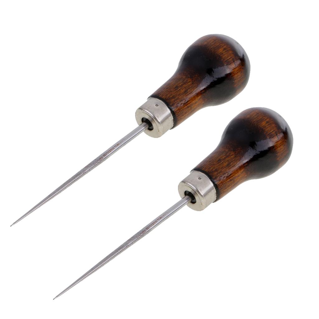 2Pcs Wood Handle Leather Craft Awl Sewing Punching Hole Pin Stitching Tool