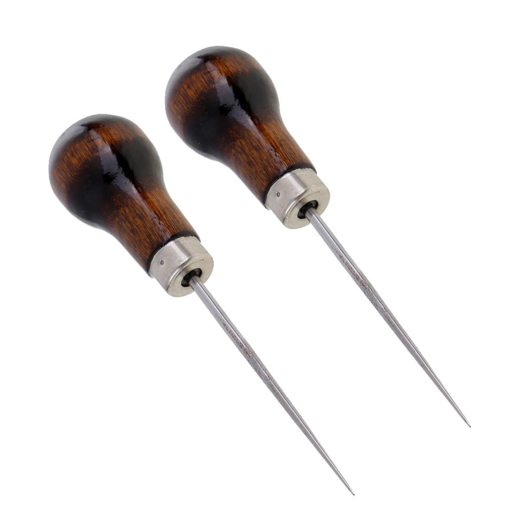 2Pcs Wood Handle Leather Craft Awl Sewing Punching Hole Pin Stitching Tool