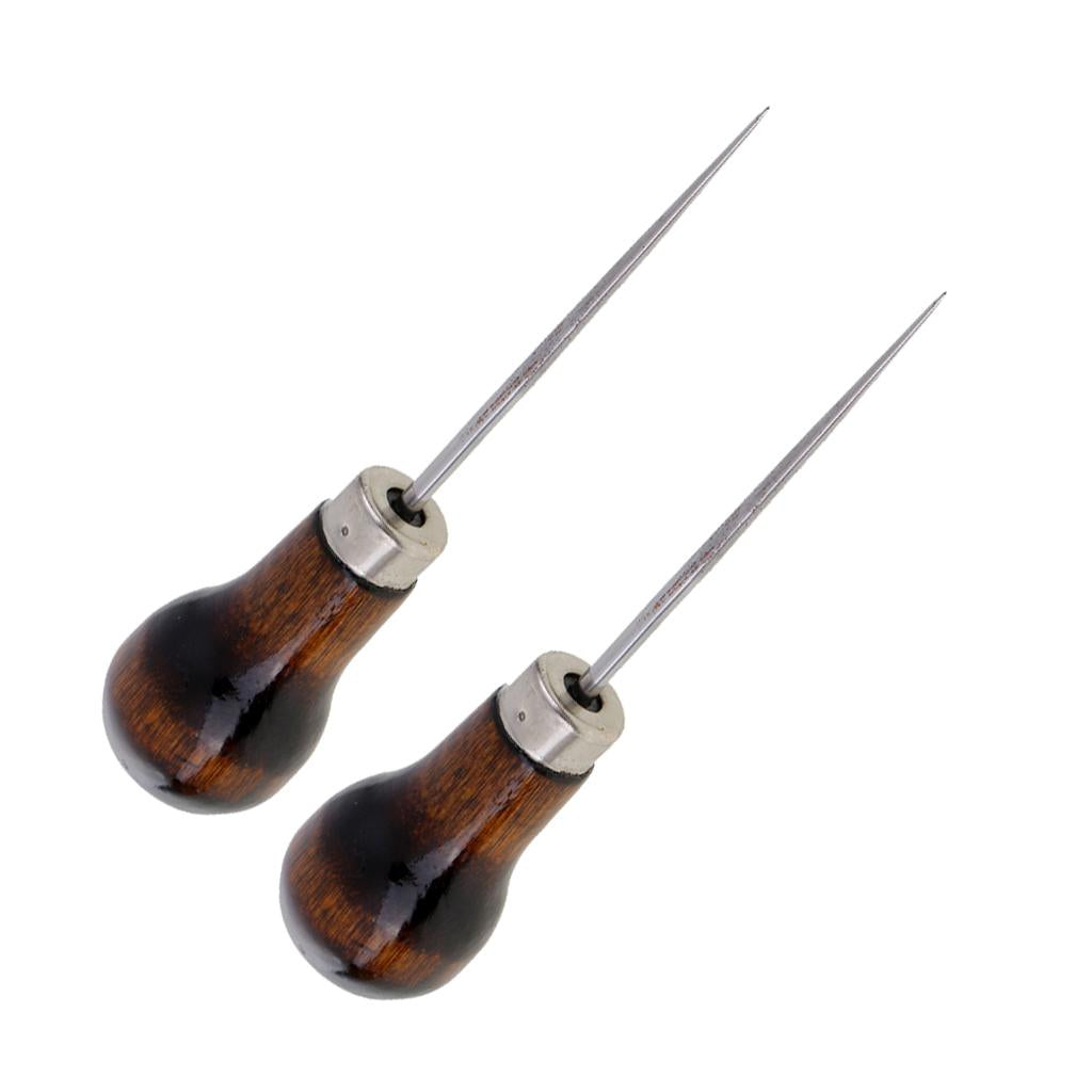 2Pcs Wood Handle Leather Craft Awl Sewing Punching Hole Pin Stitching Tool