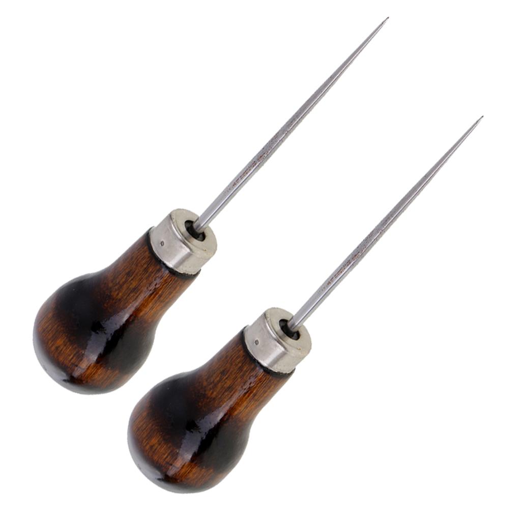 2Pcs Wood Handle Leather Craft Awl Sewing Punching Hole Pin Stitching Tool