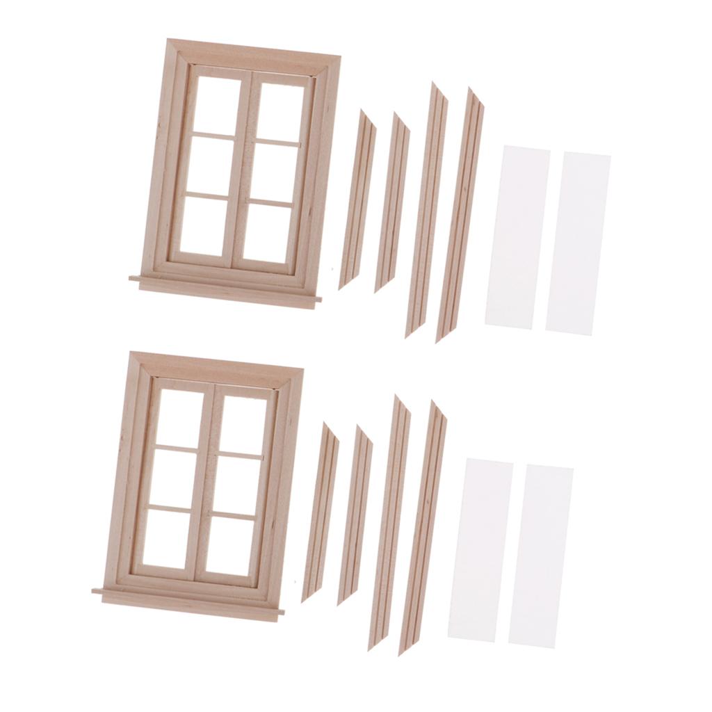 1/12 Dollhouse Miniature Unpainted Wooden 6-Pane Double Window Frame 2 Set