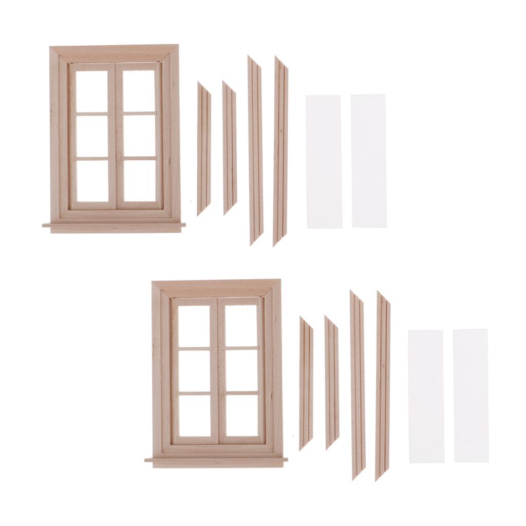 1/12 Dollhouse Miniature Unpainted Wooden 6-Pane Double Window Frame 2 Set