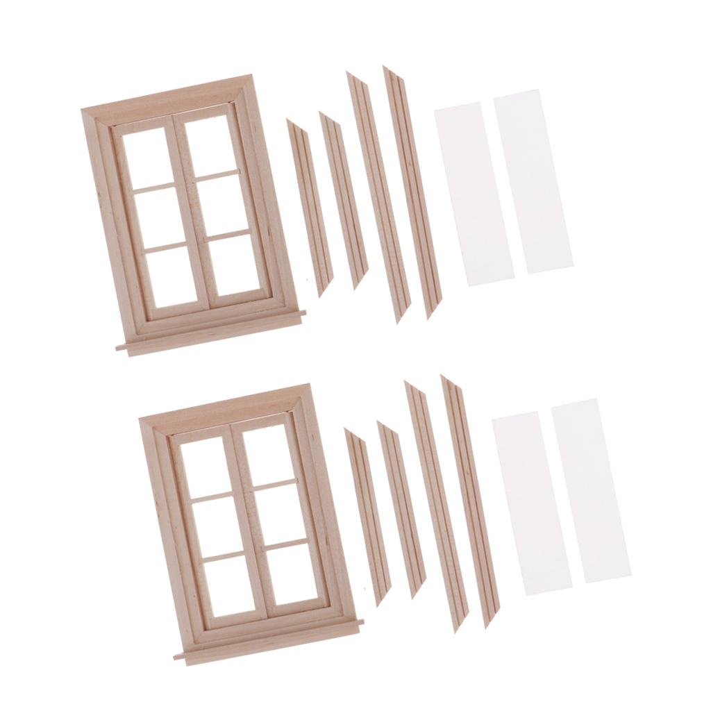 1/12 Dollhouse Miniature Unpainted Wooden 6-Pane Double Window Frame 2 Set