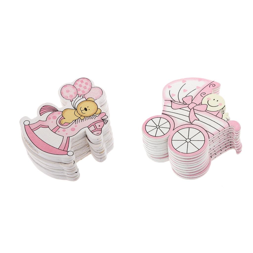 20x Wooden Pink Baby Carriage & Pony Embellishments Card Making Baby Shower