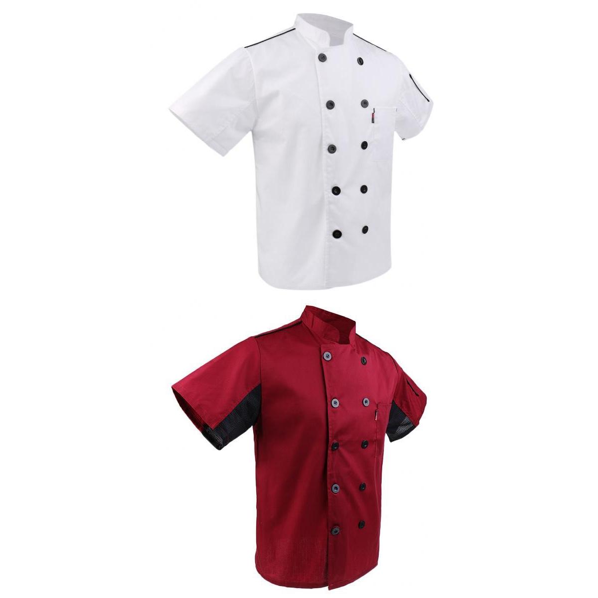 2 Pieces White Red Chef Jacket Coat Breathable Mesh Waiter Hotel Kitchen Top