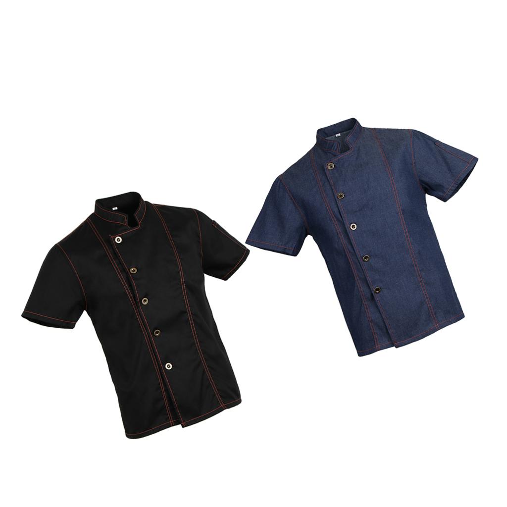 2 Pieces Denim Chef Jacket Coat Short Sleeves Kitchen Uniform Blue Black M