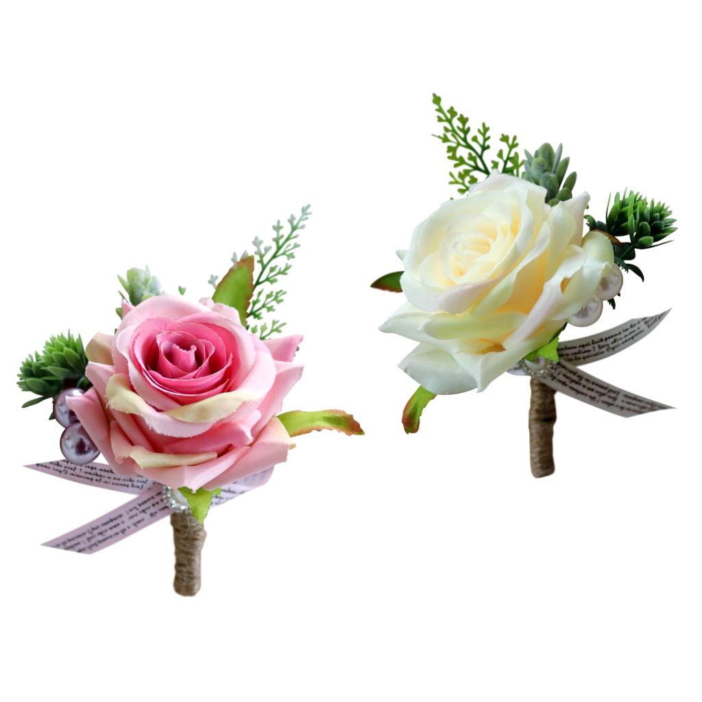 2pcs Wedding Party Rose Silk Flower Boutonniere Corsage Fushia & Champagne