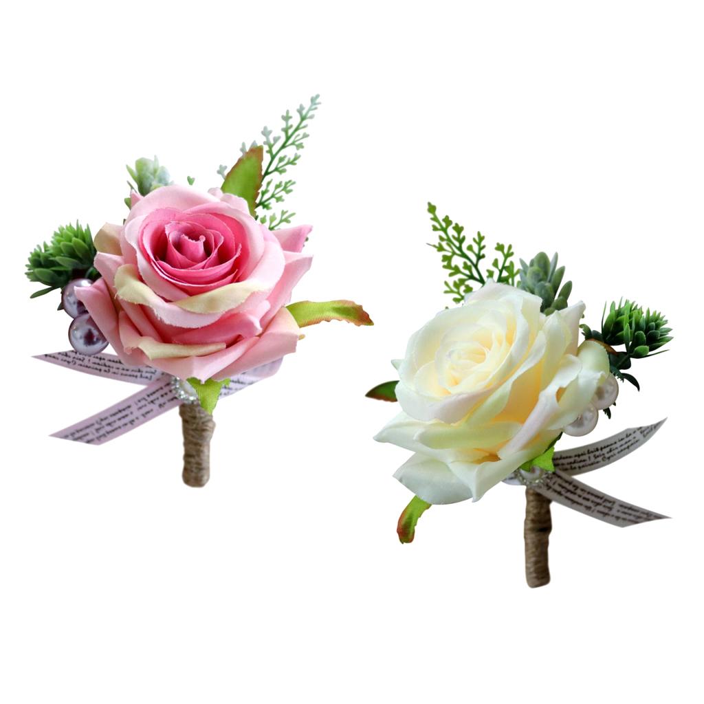 2pcs Wedding Party Rose Silk Flower Boutonniere Corsage Fushia & Champagne