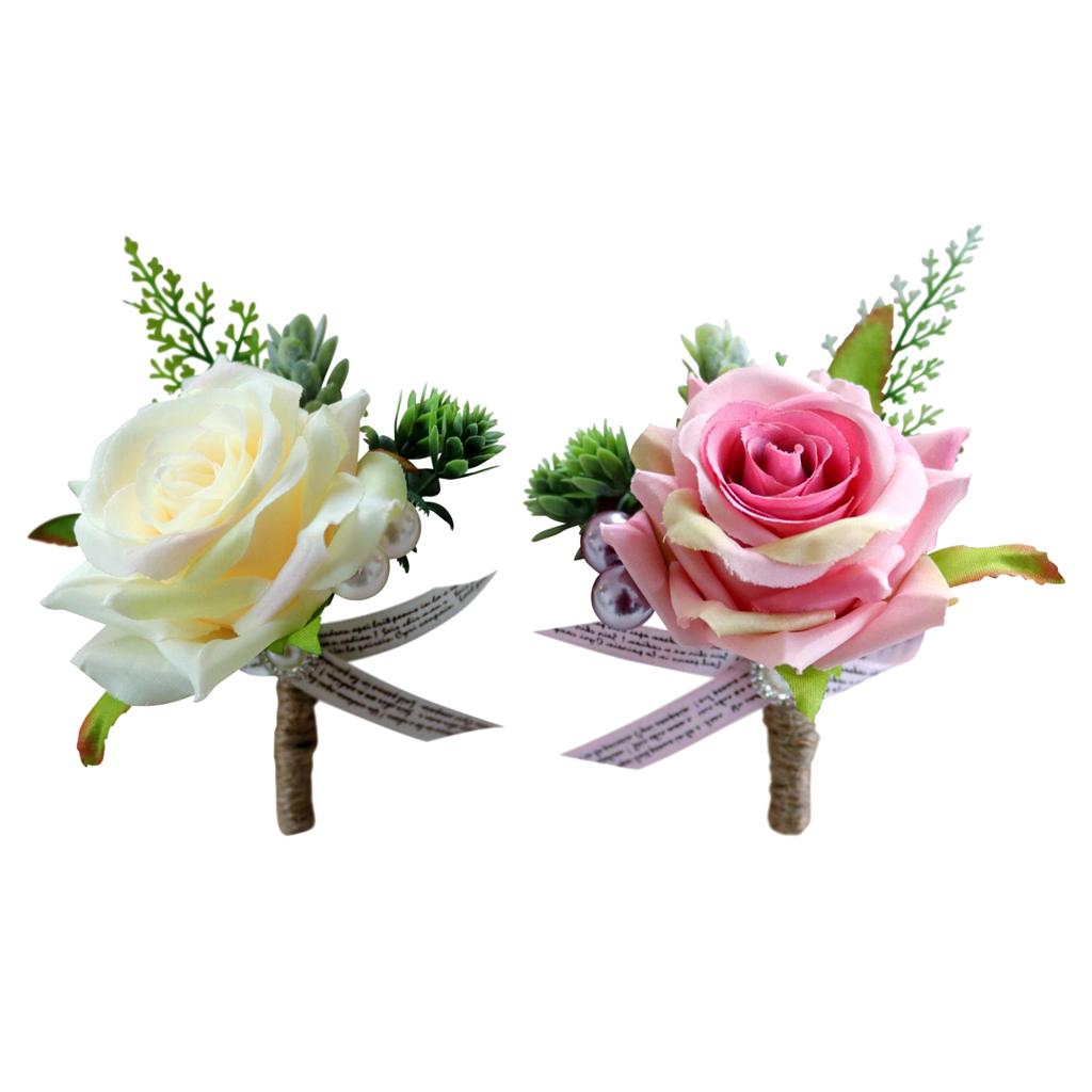 2pcs Wedding Party Rose Silk Flower Boutonniere Corsage Fushia & Champagne