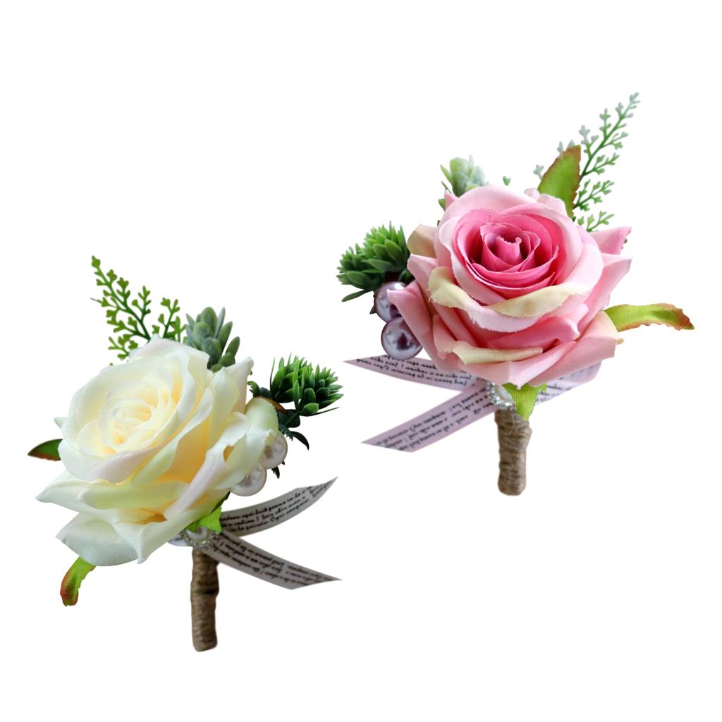 2pcs Wedding Party Rose Silk Flower Boutonniere Corsage Fushia & Champagne