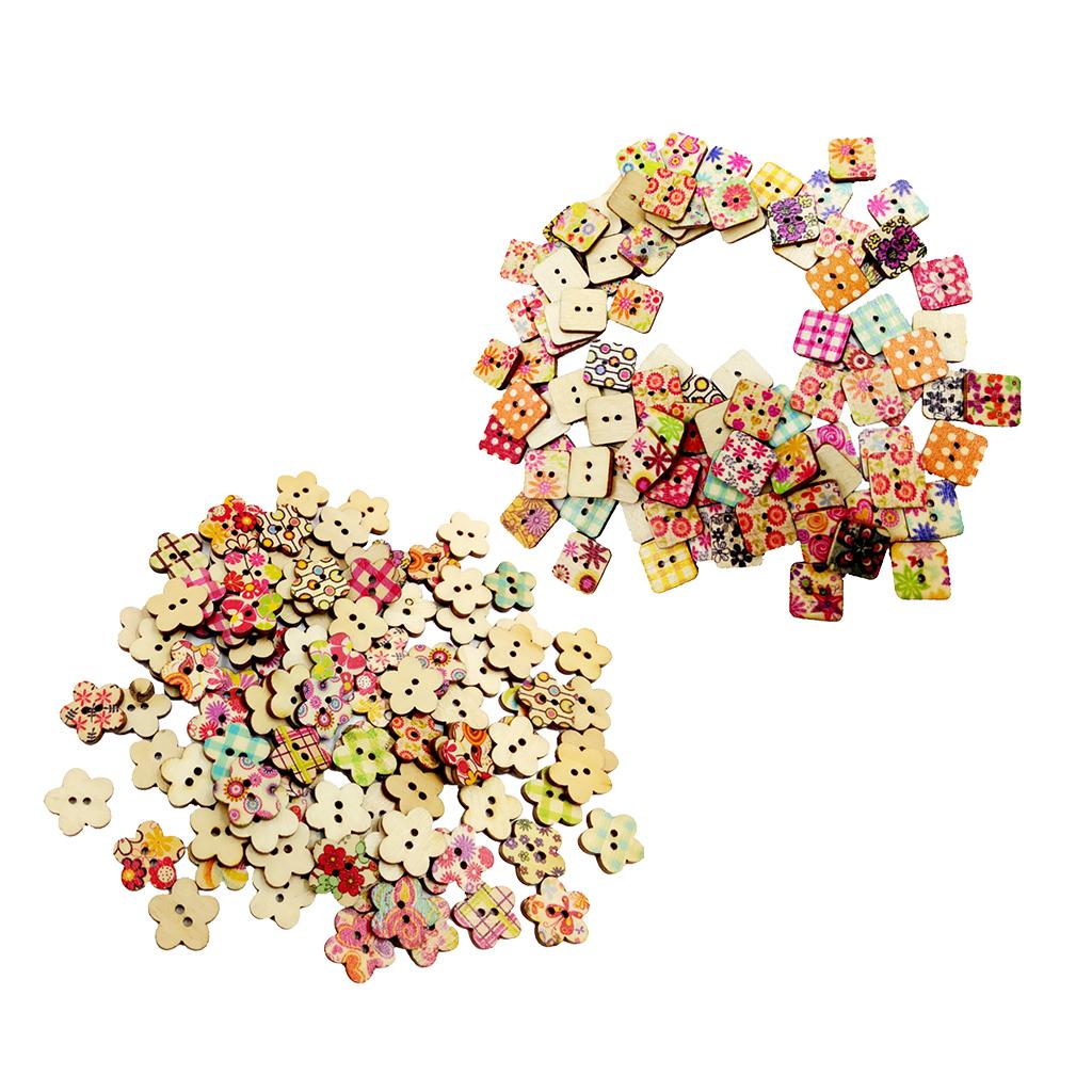 200 Pieces Printed Flower Shape 2 Holes Wooden Sewing Buttons for Clothing