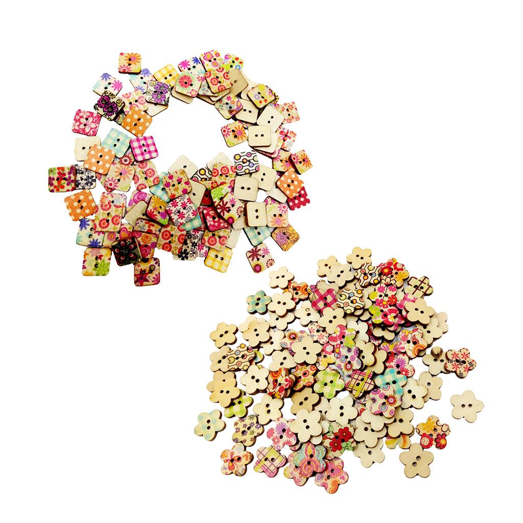 200 Pieces Printed Flower Shape 2 Holes Wooden Sewing Buttons for Clothing