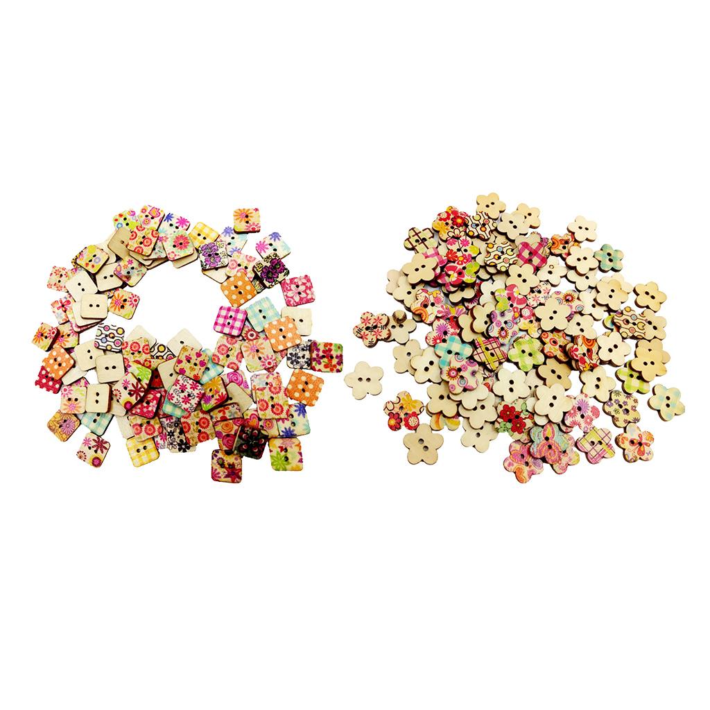 200 Pieces Printed Flower Shape 2 Holes Wooden Sewing Buttons for Clothing