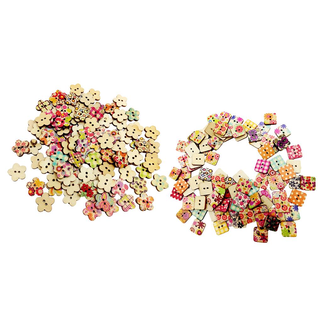200 Pieces Printed Flower Shape 2 Holes Wooden Sewing Buttons for Clothing